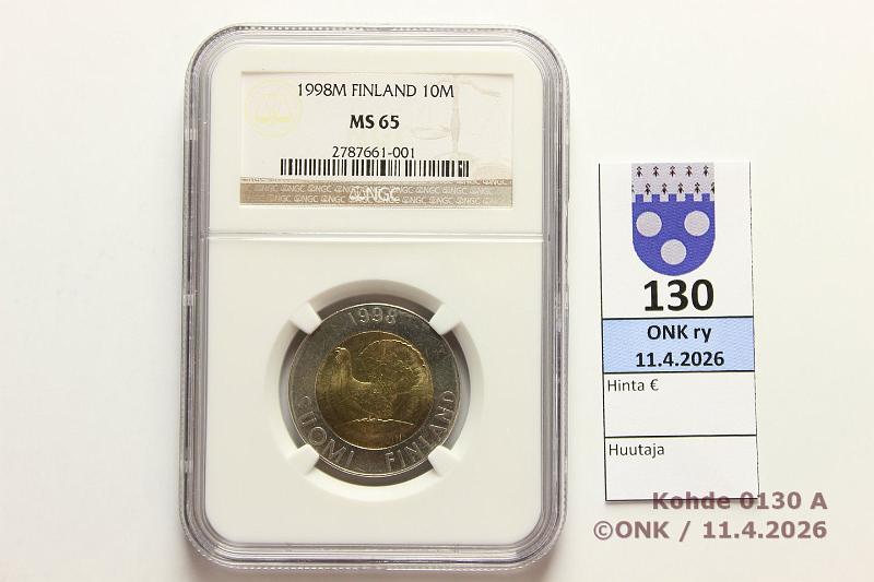 k-0130-a.jpg - Kohde 130 (kuva 1/2), l�ht�hinta: 5 &euro; / myyntihinta: 5 &euro; 10 mk 1998 NCG-slabissa: MS 65, kunto: 9