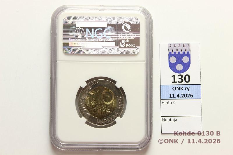 k-0130-b.jpg - Kohde 130 (kuva 2/2), l�ht�hinta: 5 &euro; / myyntihinta: 5 &euro; 10 mk 1998 NCG-slabissa: MS 65, kunto: 9