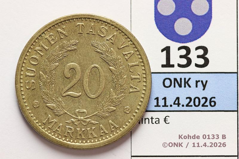 k-0133-b.jpg - Kohde 133 (kuva 2/2), l�ht�hinta: 25 &euro; / myyntihinta: 27 &euro; 20 mk 1932 , kunto: 6
