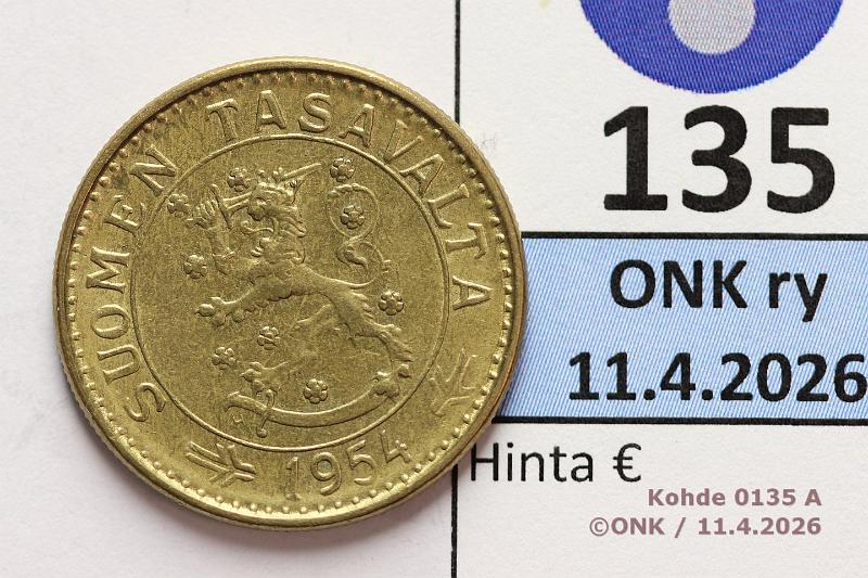 k-0135-a.jpg - Kohde 135 (kuva 1/2), l�ht�hinta: 5 &euro; / myyntihinta: 5 &euro; 20 mk 1954 SNY 626.1.2, eritt�in kaunis!, kunto: 8