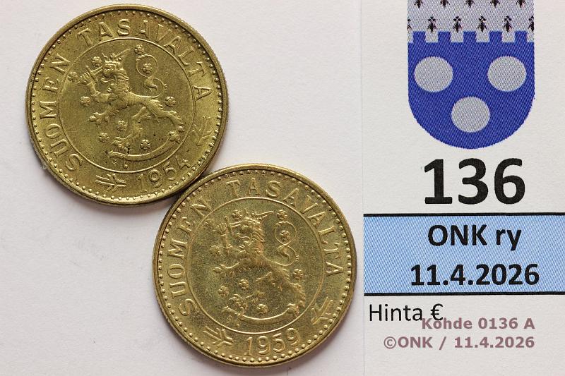 k-0136-a.jpg - Kohde 136 (kuva 1/2), l�ht�hinta: 10 &euro; / myyntihinta: 52 &euro; 20 mk 1954, -59 SNY 626.1.2, 631, loisteliaat!, kunto: 9