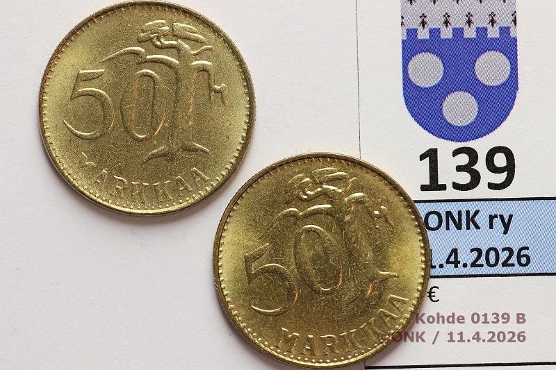 k-0139-b.jpg - Kohde 139 (kuva 2/2), l�ht�hinta: 10 &euro; / myyntihinta: 10 &euro; 50 mk 1953 (2) SNY 626.1.2, toisessa markkaa-sana heikommin ly�ty, loisteliaat!, kunto: 9