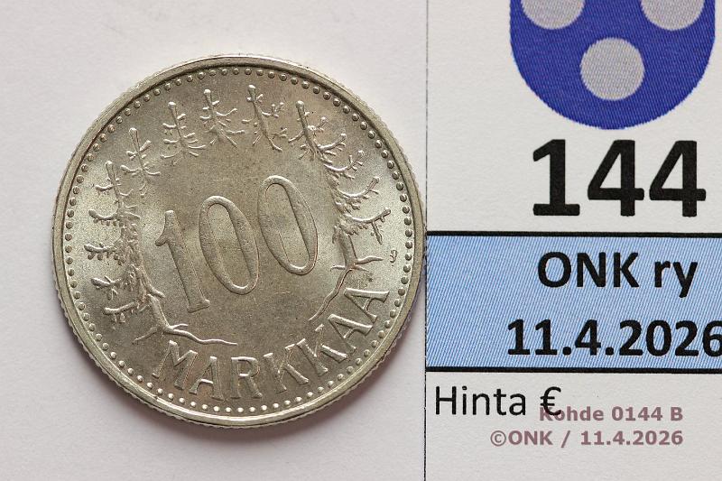 k-0144-b.jpg - Kohde 144 (kuva 2/2), l�ht�hinta: 12 &euro; / myyntihinta: 25 &euro; 100 mk 1959 Ag, kunto: 9