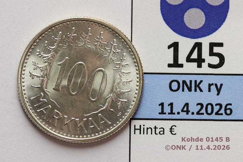 k-0145-b.jpg - Kohde 145 (kuva 2/2), l�ht�hinta: 12 &euro; / myyntihinta: 21 &euro; 100 mk 1960 Ag, loistelias!, kunto: 9