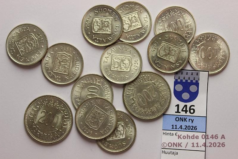 k-0146-a.jpg - Kohde 146, l�ht�hinta: 40 &euro; / myyntihinta: 70 &euro; 100 + 200 mk 1956-57 (13): Ag  100mk  1956(10), -57;  200mk  1956, -57, kunto: 8-9