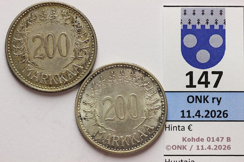 k-0147-b.jpg - Kohde 147 (kuva 2/2), l�ht�hinta: 5 &euro; / myyntihinta: 9 &euro; 200 mk 1957, -58H Ag, kunto: 6