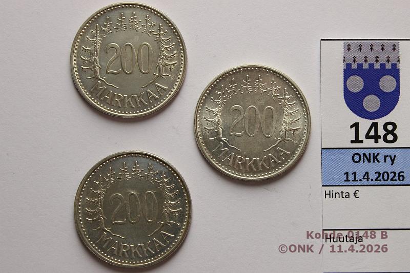 k-0148-b.jpg - Kohde 148 (kuva 2/2), l�ht�hinta: 15 &euro; / myyntihinta: 21 &euro; 200 mk 1956, -57, -58H Ag, kunto: 8-9