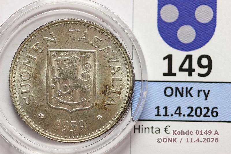 k-0149-a.jpg - Kohde 149 (kuva 1/2), l�ht�hinta: 25 &euro; / myyntihinta: 32 &euro; 200 mk 1959 Ag, hieman patinaa, kaps, kunto: 9