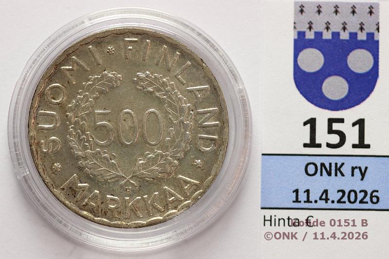 k-0151-b.jpg - Kohde 151 (kuva 2/2), l�ht�hinta: 100 &euro; / myyntihinta: 115 &euro; 500 mk 1951 Ag, kaps, kunto: 8/7