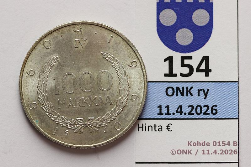 k-0154-b.jpg - Kohde 154 (kuva 2/2), l�ht�hinta: 15 &euro; / myyntihinta: 15 &euro; 1000 mk 1960 Ag, kunto: 8