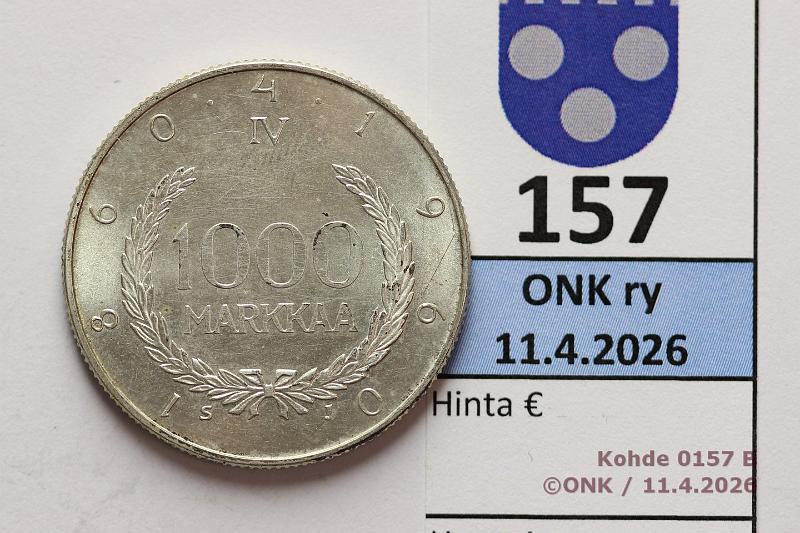 k-0157-b.jpg - Kohde 157 (kuva 2/2), l�ht�hinta: 15 &euro; / myyntihinta: 15 &euro; 1000 mk 1960 Ag, kunto: 9