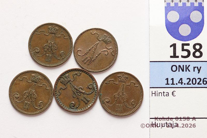 k-0158-a.jpg - Kohde 158 (kuva 1/2), l�ht�hinta: 25 &euro; / myyntihinta: 28 &euro; 1 p 1871-98 (5): Cu, -71 (SNY 7.2.1, arvop puhd), -74, -75, -93, -98 (hieman leimakiiltoa), kunto: 5-8