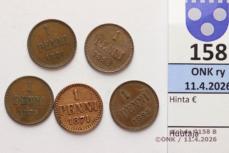 k-0158-b.jpg - Kohde 158 (kuva 2/2), l�ht�hinta: 25 &euro; / myyntihinta: 28 &euro; 1 p 1871-98 (5): Cu, -71 (SNY 7.2.1, arvop puhd), -74, -75, -93, -98 (hieman leimakiiltoa), kunto: 5-8