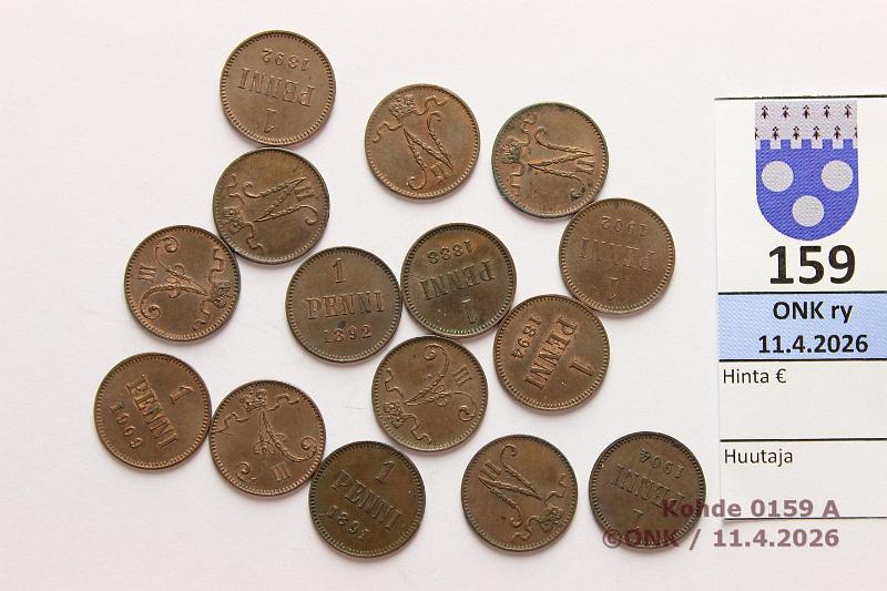 k-0159-a.jpg - Kohde 159, l�ht�hinta: 10 &euro; / myyntihinta: 15 &euro; 1 p 1888-1911 (15): Cu, -88, -91, -92(4), -93, -94, -00(2), -02, -04, -08, -09, -11. Siisti er�, kunto: 5-7