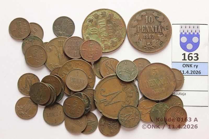 k-0163-a.jpg - Kohde 163, l�ht�hinta: 25 &euro; / myyntihinta: 25 &euro; 1 - 10 p 1867-1916 (47): Cu,  1p  -75, -91(2), -92(9), -93(4), -94, -98, -00(2), -02, -04, -05, -07(2), -08, -09(4), -11(2), -12(4, joista 1 x kl 1), -13(3), -14, -16;  5p  -88, -89, -99;  10p  -67, -05, -15, kunto: 2-6