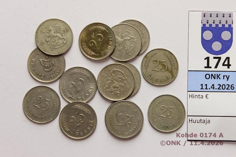 k-0174-a.jpg - Kohde 174, l�ht�hinta: 8 &euro; / myyntihinta: 12 &euro; 25 p 1921-40 (14): CuNi, -21 (kl9), -25, -26, -27, -28, -29, -30, -34, -35, -36, -37(2), -38 (kl9), -40 (kl9), kunto: 5-7, 9
