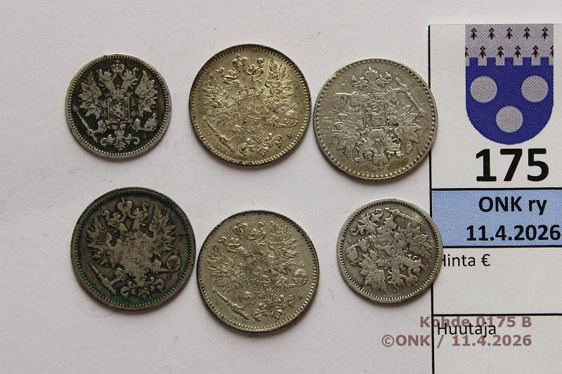 k-0175-b.jpg - Kohde 175 (kuva 2/2), l�ht�hinta: 10 &euro; / myyntihinta: 17 &euro; 25 + 50 p 1864-1916 (2+4): Ag , 25p  -72, -73;  50p  -64, -98, -15, -16, kunto: 3-8