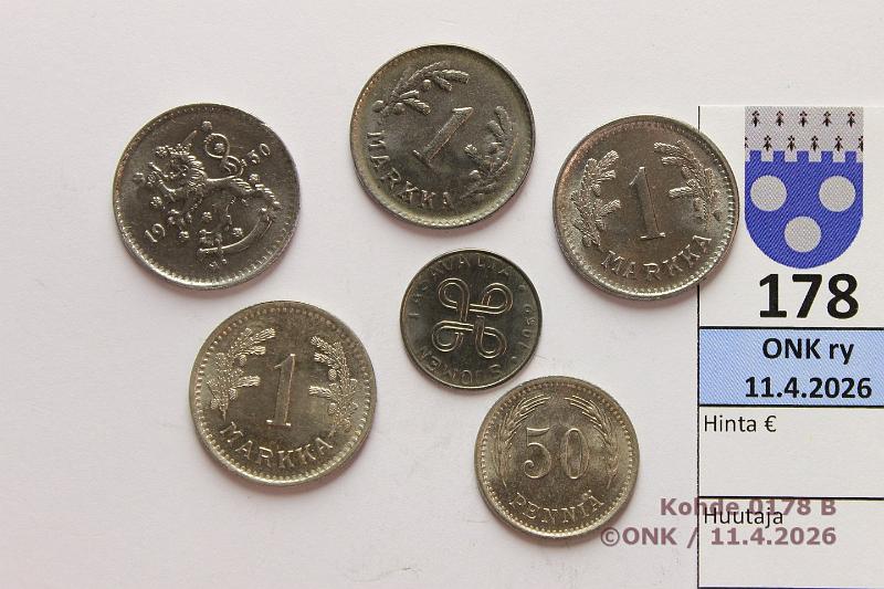 k-0178-b.jpg - Kohde 178 (kuva 2/2), l�ht�hinta: 10 &euro; / myyntihinta: 14 &euro; 50 p + 1mk 1940-52 (1+5):   CuNi  50p + 1mk 1940;  Fe  1mk -49 (SNY 438.3.2), -50 (SNY439.1.1), -51 (SNY 440.2.1), -52 (SNY 442.1.2). Hyv�kuntoisia, ei ruostetta, kunto: 8-9