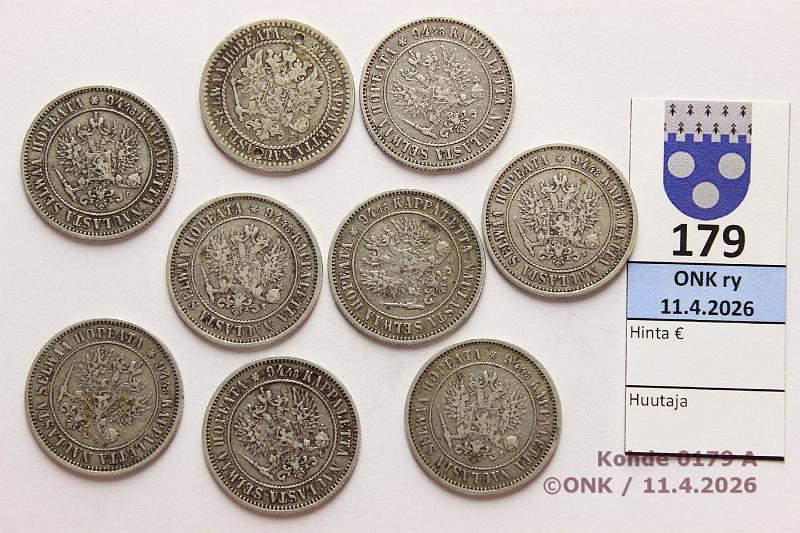 k-0179-a.jpg - Kohde 179 (kuva 1/2), l�ht�hinta: 40 &euro; / myyntihinta: 48 &euro; 1 mk 1865-92 (9): Ag, -65 (rei�t), -74(3), -90(2), -92(3), kunto: 2-5