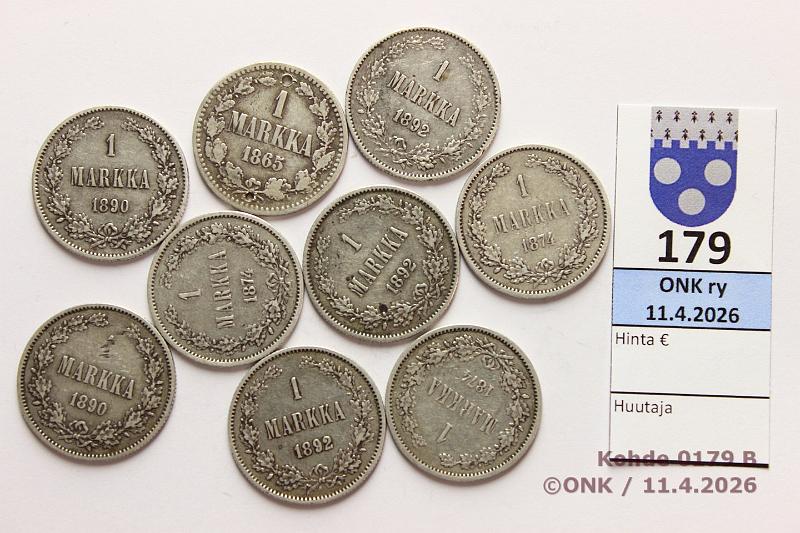 k-0179-b.jpg - Kohde 179 (kuva 2/2), l�ht�hinta: 40 &euro; / myyntihinta: 48 &euro; 1 mk 1865-92 (9): Ag, -65 (rei�t), -74(3), -90(2), -92(3), kunto: 2-5