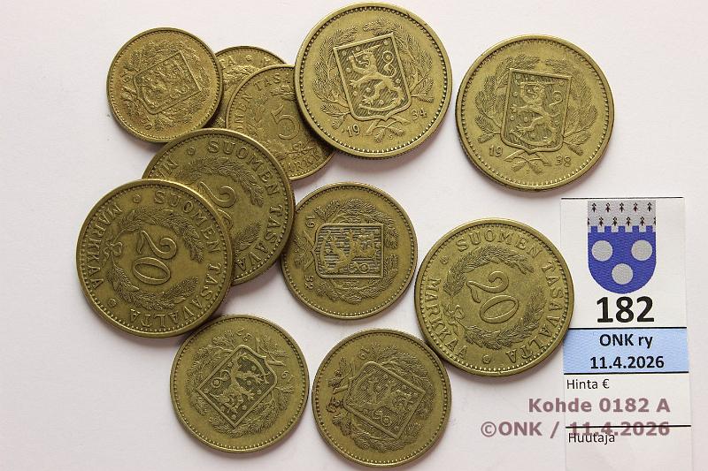 k-0182-a.jpg - Kohde 182, l�ht�hinta: 8 &euro; / myyntihinta: 14 &euro; 5 - 20 mk 1932-51 (12): AlBr, Mess,  5mk  -42, -49, -50, -51;  10mk  -32, -34, -37;  20mk  -34, -35, -37, -38, -39, kunto: 4-6