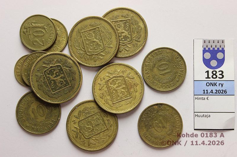 k-0183-a.jpg - Kohde 183, l�ht�hinta: 8 &euro; / myyntihinta: 12 &euro; 5 - 20 mk 1931-58 (13): AlBr,  5mk  -41, -46;  10mk  -31-58 (5);  20mk  -37-54 (6), kunto: 4-6