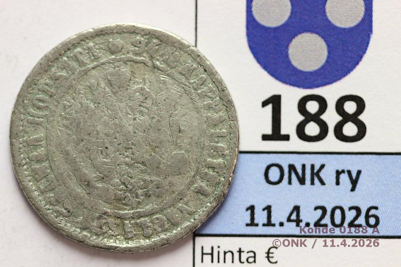 k-0188-a.jpg - Kohde 188 (kuva 1/2), l�ht�hinta: 5 &euro; / myyntihinta: 5 &euro; 1 mk 1890 Tinav��renne? Paino 4,4g, kunto: 2