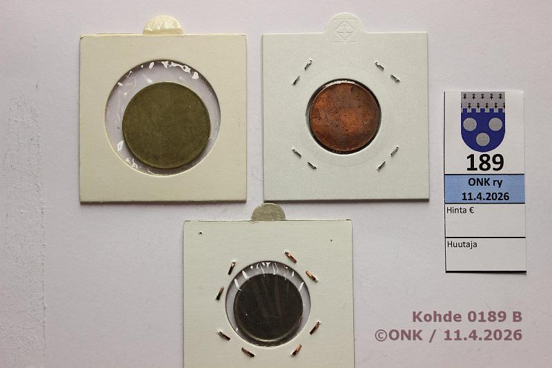 k-0189-b.jpg - Kohde 189 (kuva 2/2), l�ht�hinta: 10 &euro; / myyntihinta: 16 &euro; Aihiot (3) 1943-2004 Raha-aihiot ilman ly�nti�:  1mk  Fe 1943-52;  5mk  AlBr 1972-78;  5c  2004 (-04 rullasta l�ydetty), kunto: 8-9
