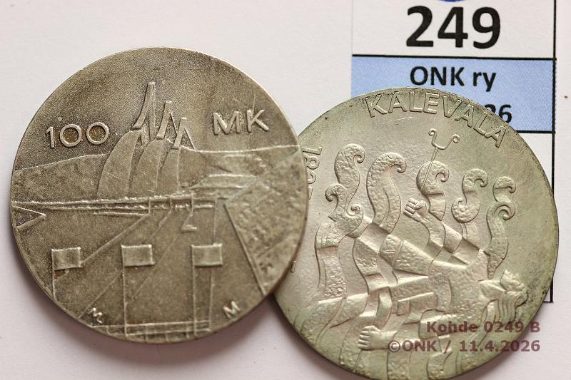 k-0249-b.jpg - Kohde 249 (kuva 2/2), l�ht�hinta: 10 &euro; / myyntihinta: 49 &euro; 50 + 100 mk 1985, -89 Ag,  50mk  Kalevala;  100mk  MM, kunto: 8, 7