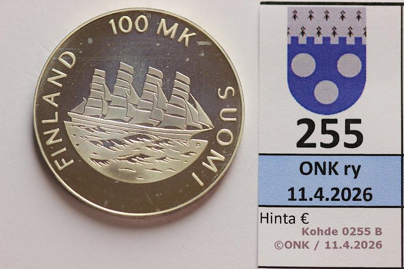 k-0255-b.jpg - Kohde 255 (kuva 2/2), l�ht�hinta: 12 &euro; / myyntihinta: 34 &euro; 100 mk 1991 Ag, �land, kunto: 9