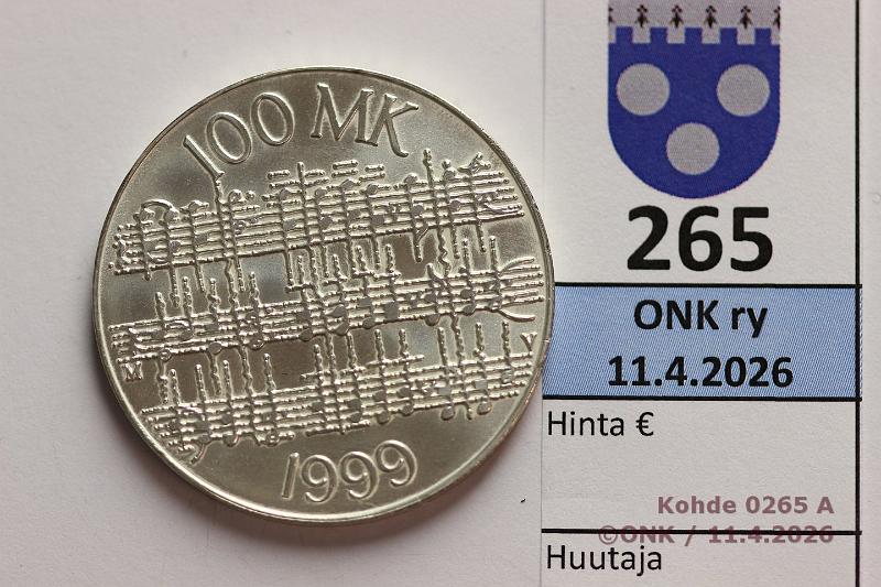 k-0265-a.jpg - Kohde 265 (kuva 1/2), l�ht�hinta: 12 &euro; / myyntihinta: 34 &euro; 100 mk 1999 Ag, Sibelius, kunto: 9