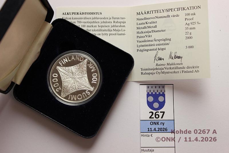 k-0267-a.jpg - Kohde 267 (kuva 1/2), l�ht�hinta: 25 &euro; / myyntihinta: 44 &euro; 100 mk 2000 Ag, Proof, Riemuvuosi, kotelo, tod, kunto: 10