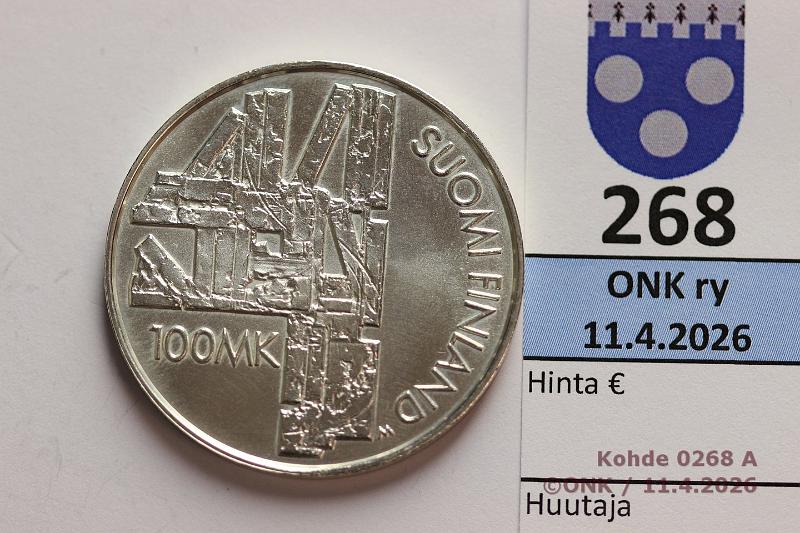 k-0268-a.jpg - Kohde 268 (kuva 1/2), l�ht�hinta: 12 &euro; / myyntihinta: 34 &euro; 100 mk 2000 Ag, Kivi, kunto: 9