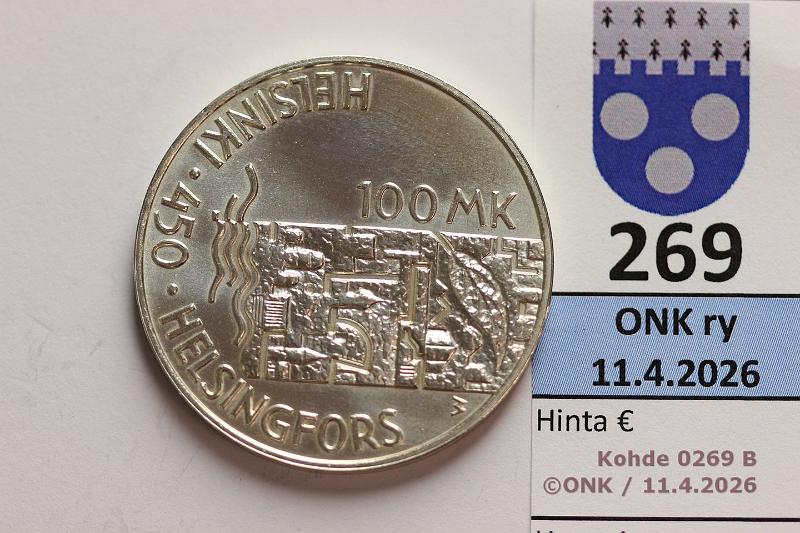 k-0269-b.jpg - Kohde 269 (kuva 2/2), l�ht�hinta: 15 &euro; / myyntihinta: 34 &euro; 100 mk 2000 Ag, Helsinki 450v, kunto: 9