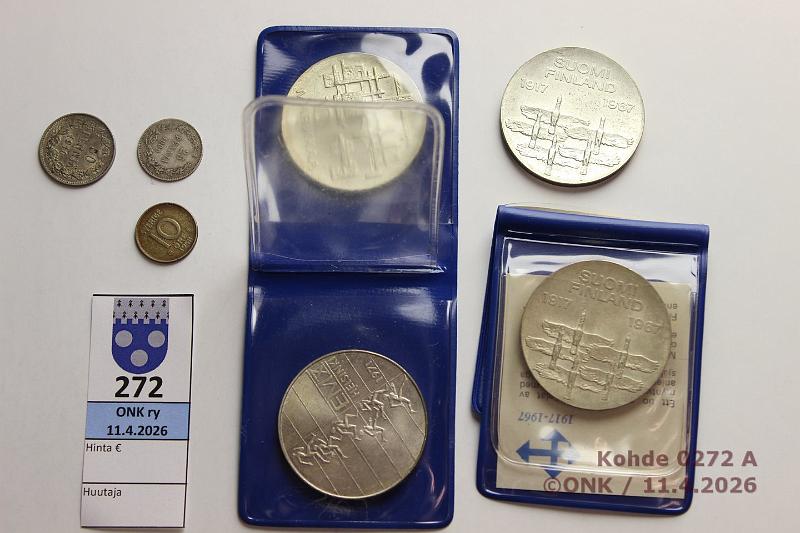 k-0272-a.jpg - Kohde 272, l�ht�hinta: 25 &euro; / myyntihinta: 115 &euro; 10 mk 1967-71 (4+3): Ag,  10mk  -67(3), -71 +  25p  1909,  50p  -16 ja Ruotsi  10�  -58, kunto: 7-9, 4-5