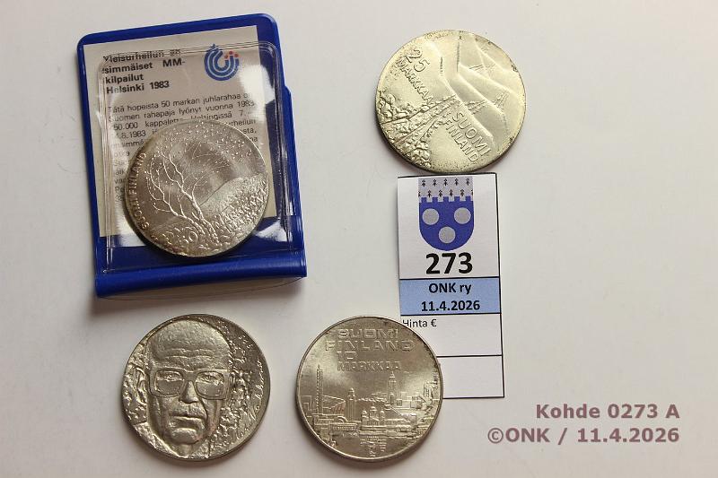 k-0273-a.jpg - Kohde 273 (kuva 1/2), l�ht�hinta: 15 &euro; / myyntihinta: 76 &euro; 10 - 50 mk 1971-83 (4): Ag,  10mk  -71, -75;  25mk  -78;  50mk  -83 (alkup muovitasku). Patinaa, kunto: 8-9