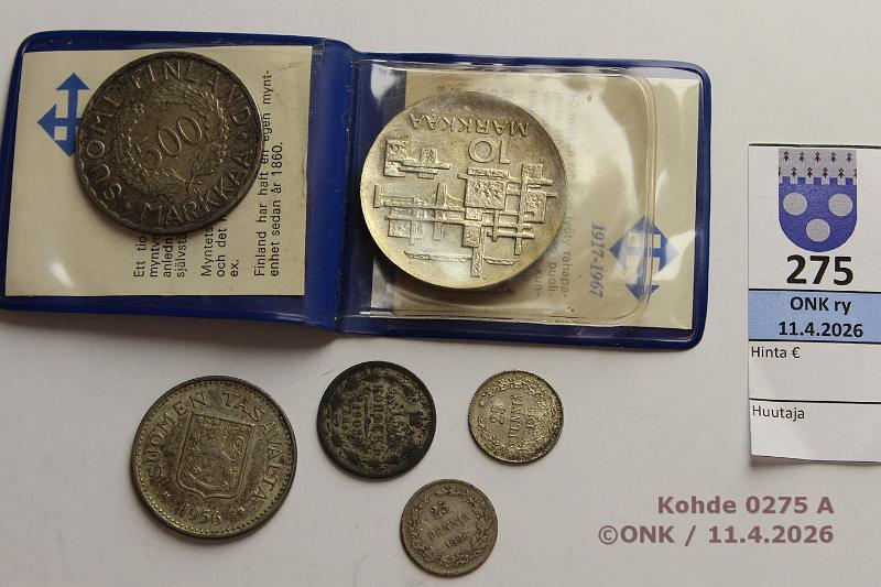 k-0275-a.jpg - Kohde 275, l�ht�hinta: 20 &euro; / myyntihinta: 80 &euro; 10 - 500 mk 1952-67 (3+3): Ag,  10mk  -67,  200mk  -56,  500mk  -52 +  25p  1906, -16 ja  Ven�j�  15k -05, kunto: 4-9