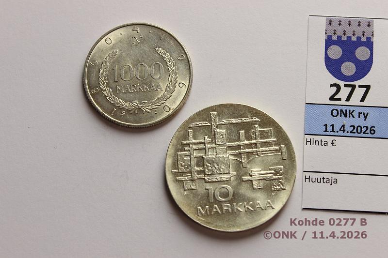 k-0277-b.jpg - Kohde 277 (kuva 2/2), l�ht�hinta: 15 &euro; / myyntihinta: 52 &euro; 10 + 1000 mk 1967, -60 Ag, kunto: 9, 8