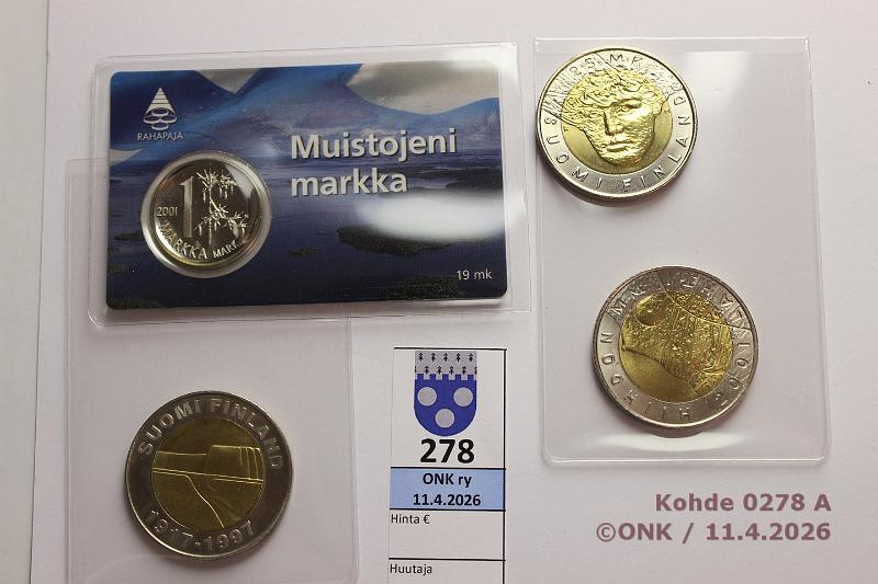 k-0278-a.jpg - Kohde 278 (kuva 1/2), l�ht�hinta: 20 &euro; / ei tarjouksia 25 mk 1997-2001 (3+1): Bimet, -97 Itsen�isyys; -01 Lahti(2) + muistojeni markka -01 kortissa, kunto: 9