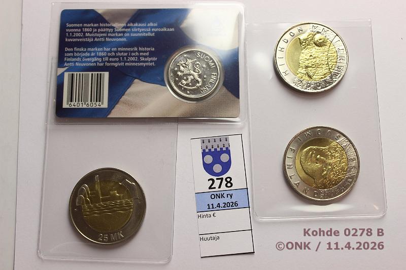 k-0278-b.jpg - Kohde 278 (kuva 2/2), l�ht�hinta: 20 &euro; / ei tarjouksia 25 mk 1997-2001 (3+1): Bimet, -97 Itsen�isyys; -01 Lahti(2) + muistojeni markka -01 kortissa, kunto: 9