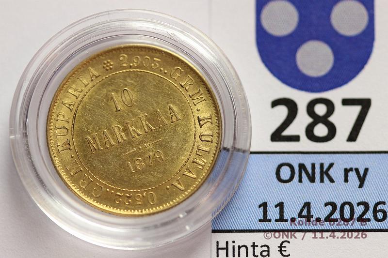 k-0287-b.jpg - Kohde 287 (kuva 2/2), l�ht�hinta: 280 &euro; / myyntihinta: 410 &euro; 10 mk 1879 Au, hnja, kaps, kunto: 9