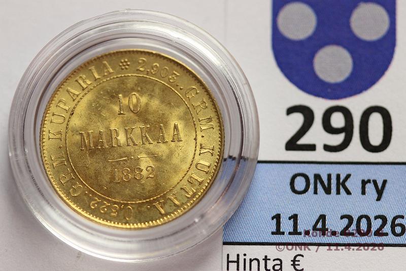 k-0290-b.jpg - Kohde 290 (kuva 2/2), l�ht�hinta: 280 &euro; / myyntihinta: 450 &euro; 10 mk 1882 Au, kaps, kunto: 9