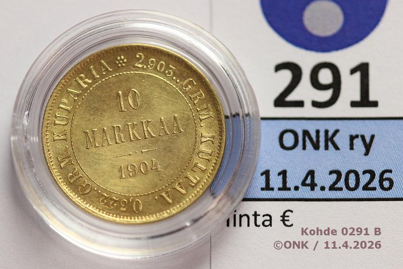 k-0291-b.jpg - Kohde 291 (kuva 2/2), l�ht�hinta: 600 &euro; / myyntihinta: 830 &euro; 10 mk 1904 Au, kaps, kunto: 9
