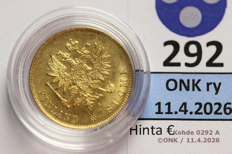 k-0292-a.jpg - Kohde 292 (kuva 1/2), l�ht�hinta: 3500 &euro; / myyntihinta: 4600 &euro; 10 mk 1905 Au, kaps, kunto: 9