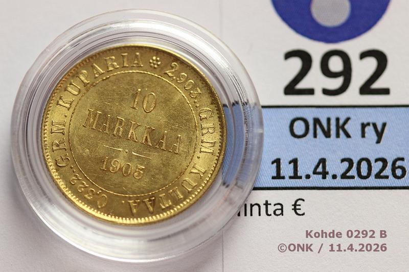 k-0292-b.jpg - Kohde 292 (kuva 2/2), l�ht�hinta: 3500 &euro; / myyntihinta: 4600 &euro; 10 mk 1905 Au, kaps, kunto: 9