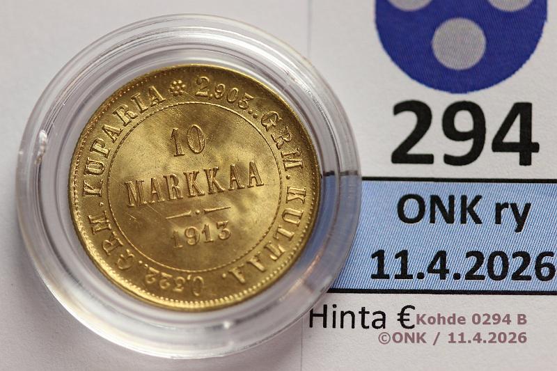k-0294-b.jpg - Kohde 294 (kuva 2/2), l�ht�hinta: 280 &euro; / myyntihinta: 410 &euro; 10 mk 1913 Au, kaps, kunto: 9
