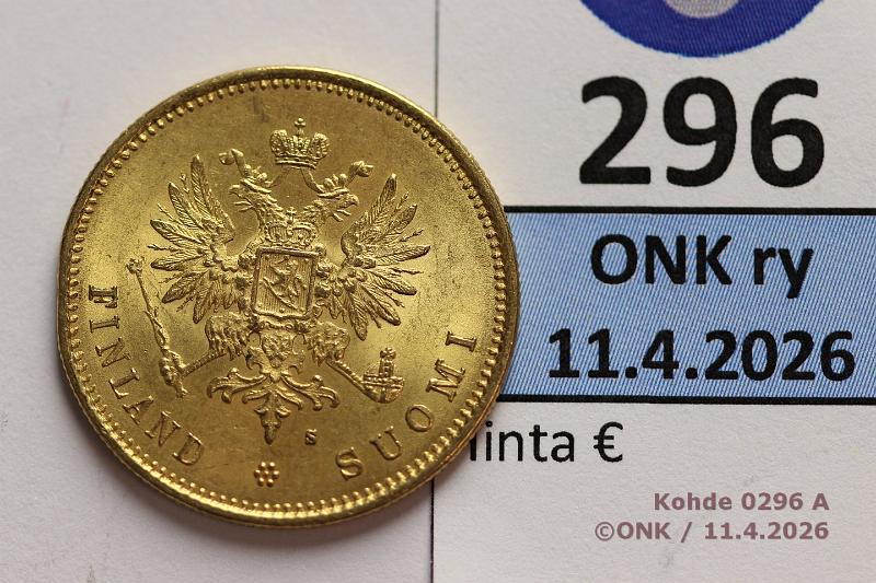 k-0296-a.jpg - Kohde 296 (kuva 1/2), l�ht�hinta: 400 &euro; / myyntihinta: 765 &euro; 20 mk 1879 Au, prv, hnja, kunto: 8