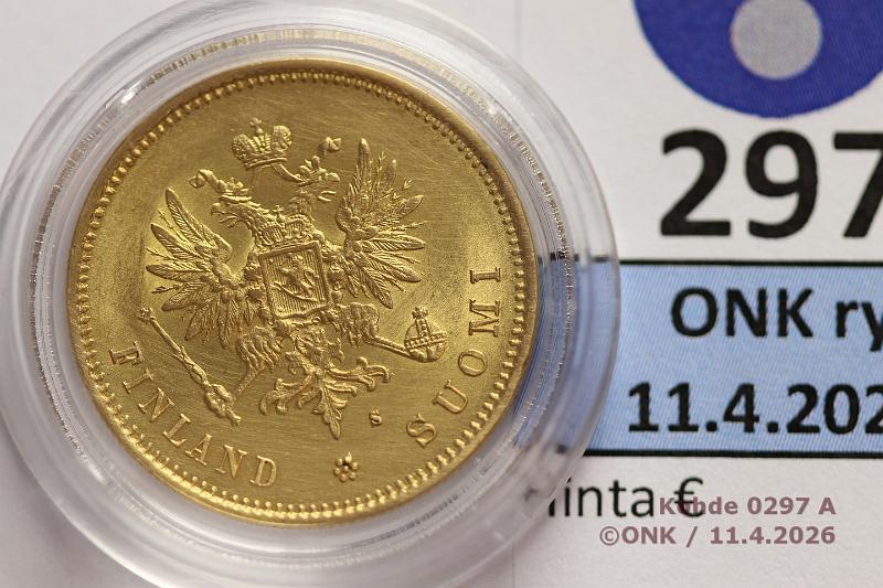 k-0297-a.jpg - Kohde 297 (kuva 1/2), l�ht�hinta: 400 &euro; / myyntihinta: 765 &euro; 20 mk 1879 Au, kaps, kunto: 9