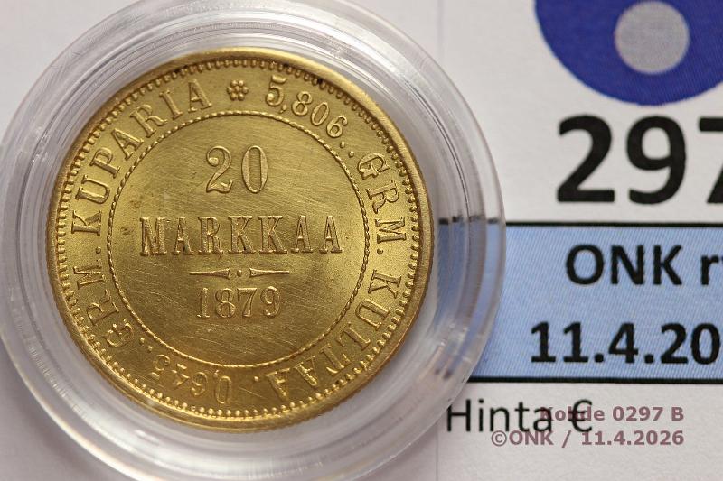 k-0297-b.jpg - Kohde 297 (kuva 2/2), l�ht�hinta: 400 &euro; / myyntihinta: 765 &euro; 20 mk 1879 Au, kaps, kunto: 9