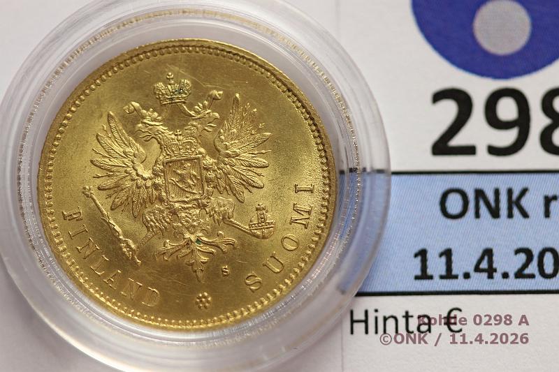 k-0298-a.jpg - Kohde 298 (kuva 1/2), l�ht�hinta: 750 &euro; / myyntihinta: 1400 &euro; 20 mk 1880 Au, kaps, kunto: 9